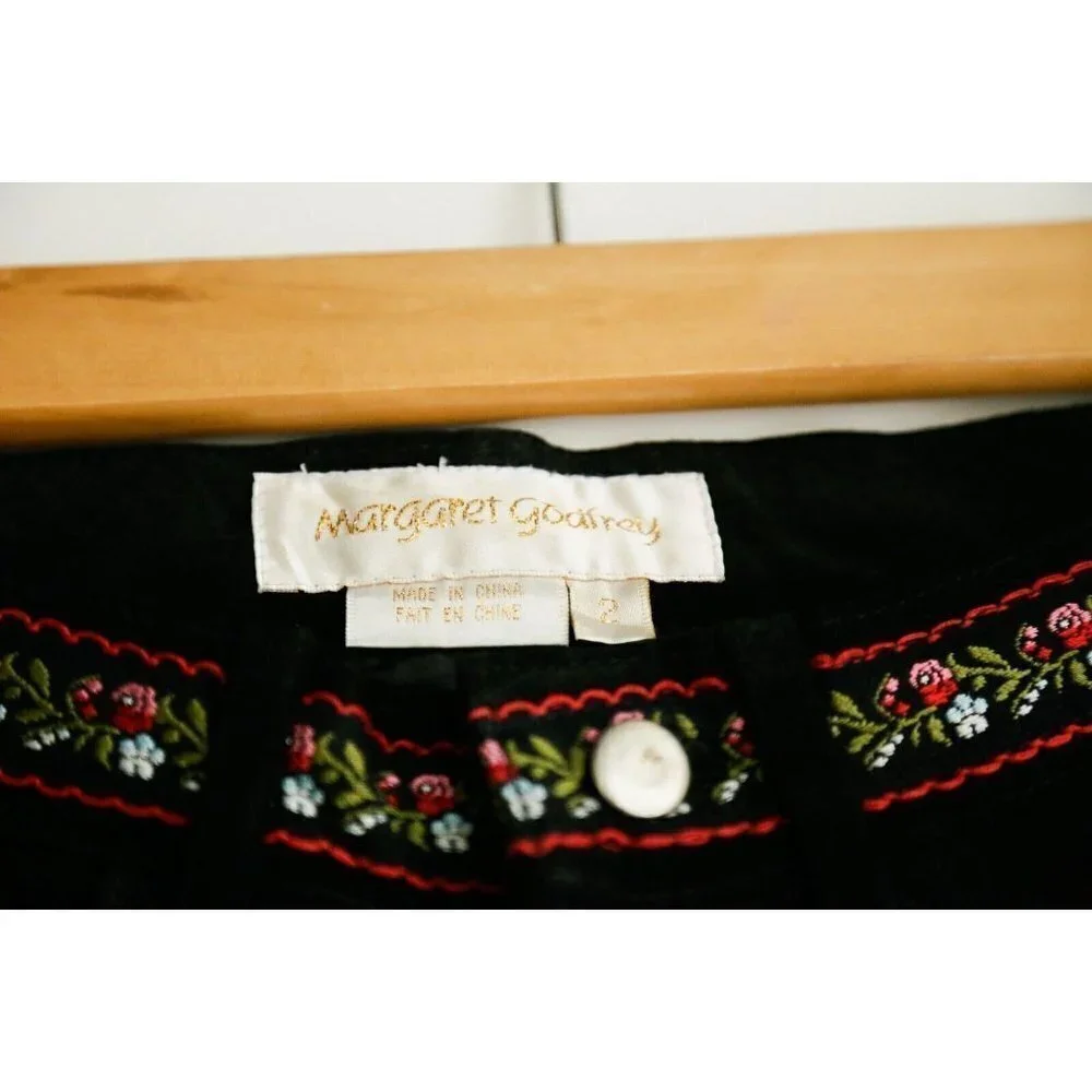Vintage 90s Margaret Godfrey Black Suede Colourful Embroidered Straight Leg Pant
